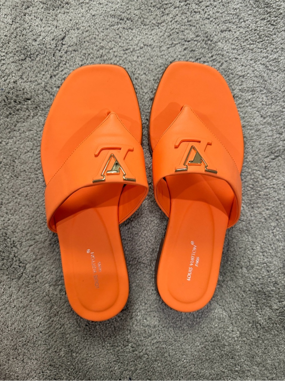 Louis Vuitton Bright Orange Leather Slide Sandals with Gold LV Accent
